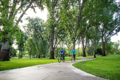Two cyclists ride along a winding path in a lush green park surrounded by tall trees.