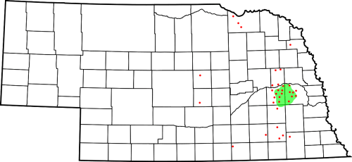 Map of Nebraska highlighting specific locations with green and red dots, indicating various data points across the state.