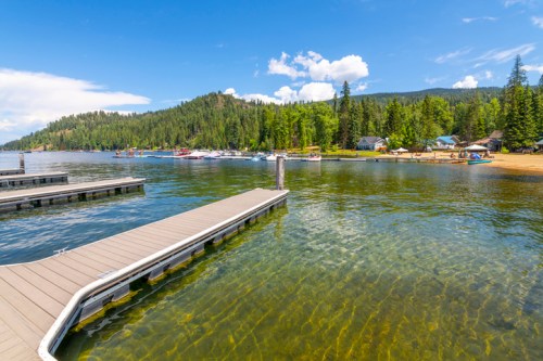 A serene lake scene with a wooden dock, clear water, and lush green trees under a blue sky with fluffy clouds.