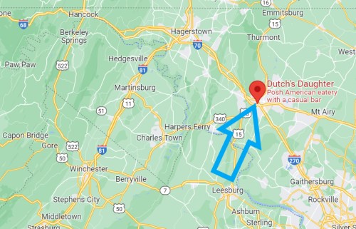 Map showing the location of Dutch's Daughter, a posh American eatery, near Harpers Ferry and Leesburg.