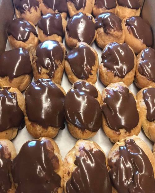 A tray of freshly baked pastries topped with glossy chocolate icing.