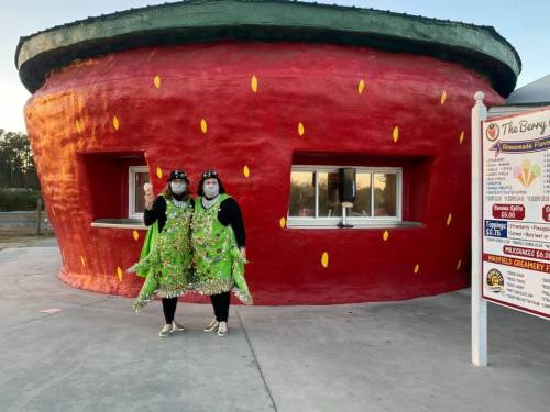 Two people in colorful costumes stand in front of a large, strawberry-shaped building with a sign nearby.