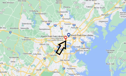 Map showing the location of Enoch Pratt Free Library in Baltimore, Maryland, with an arrow indicating its position.