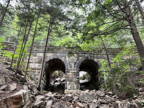 Stone bridge with two arches, surrounded by trees and rocky terrain, under a canopy of green foliage.