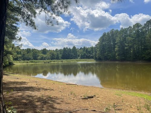 A serene lake surrounded by trees under a partly cloudy sky, with calm water reflecting the landscape.