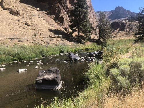 A serene river flows through a rocky landscape, surrounded by dry hills and sparse trees under a clear blue sky.