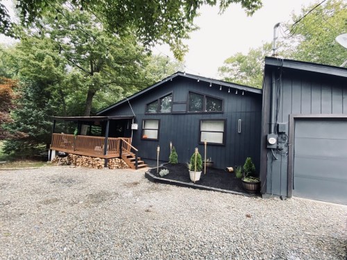 A modern black house with a wooden porch, surrounded by trees and gravel, featuring neatly arranged plants and firewood.