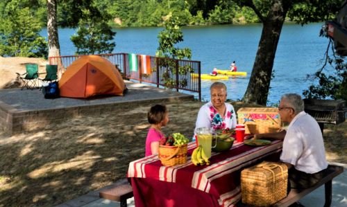 A family enjoys a picnic by a lake, with a tent nearby and a kayak in the water. Lush trees surround the scene.