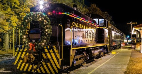 A decorated train with festive lights and a wreath, parked at a station surrounded by trees at night.