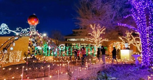 A festive outdoor scene with colorful holiday lights adorning trees and structures, creating a cheerful atmosphere at night.