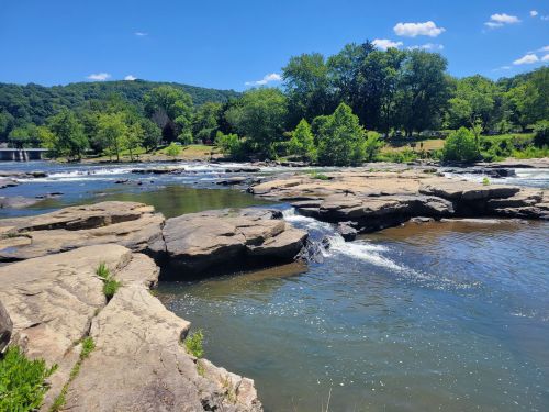 A serene river scene with rocky outcrops, lush greenery, and a clear blue sky.