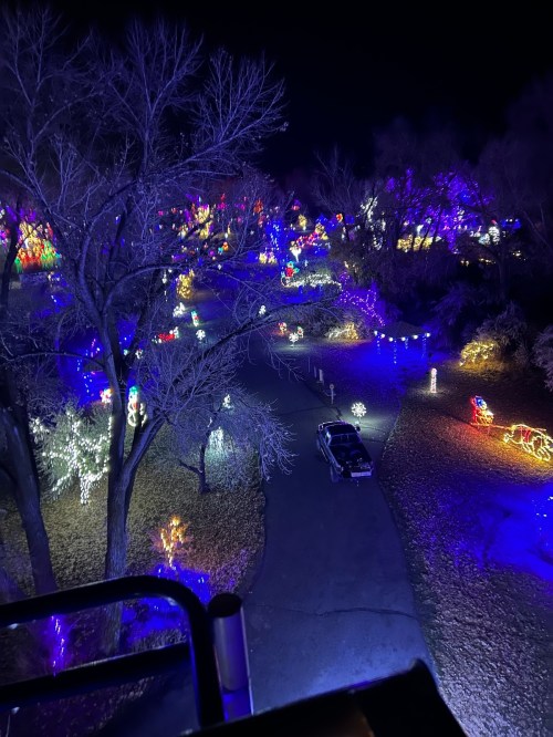 A nighttime view of a festive display with colorful lights illuminating trees and decorations along a winding road.