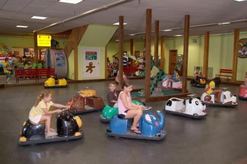 Children enjoying bumper cars in a colorful indoor amusement area with various animal-themed rides.