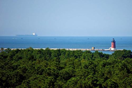 A red lighthouse stands near the shore, with a ship in the distance and green trees in the foreground.