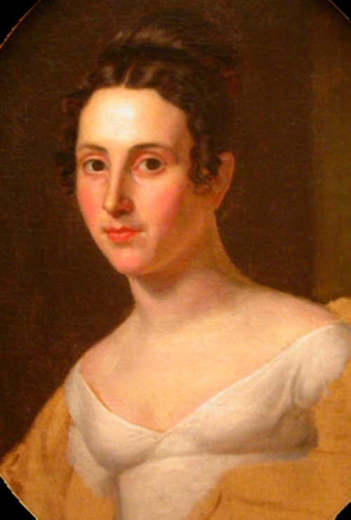 Portrait of a young woman with dark hair, wearing a white dress with yellow accents, gazing softly at the viewer.