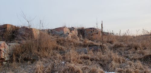 A rocky landscape with sparse vegetation and dry grass under a pale sky.