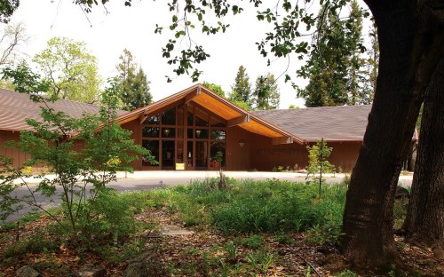 A modern wooden building with large windows, surrounded by greenery and trees.