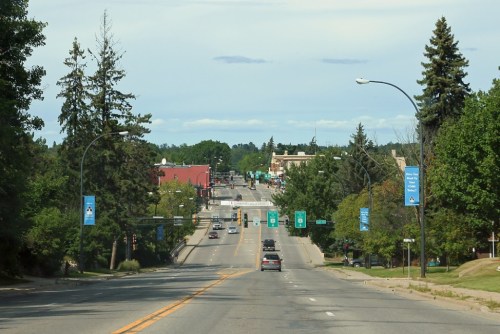 A view of a tree-lined street with traffic lights and banners, leading to a town center in the distance.