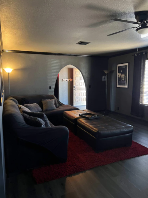 Cozy living room with a dark sofa, red rug, and an archway leading to a door, illuminated by a floor lamp.