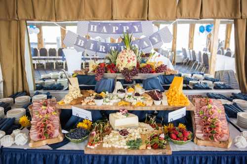 A festive birthday buffet featuring a variety of meats, cheeses, fruits, and desserts, decorated with a "Happy Birthday" banner.