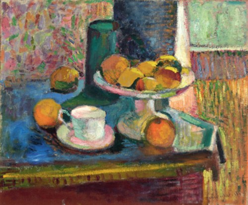 A colorful still life featuring a bowl of fruit, a cup, and a green bottle on a textured table.