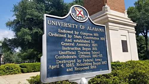 Historical marker for the University of Alabama, detailing its founding and significant events from 1819 to 1868.