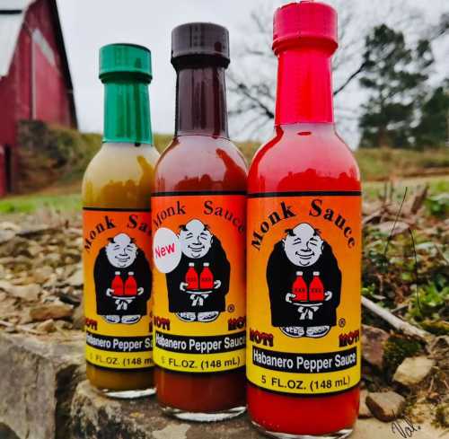 Three bottles of Monk Sauce habanero pepper sauce in green, brown, and red, displayed outdoors with a rustic background.