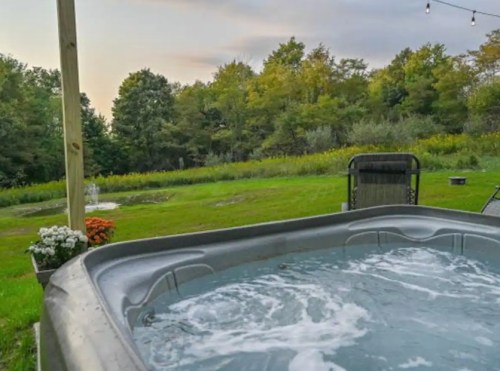 A hot tub with bubbling water, surrounded by a green lawn and trees, under a cloudy sky.