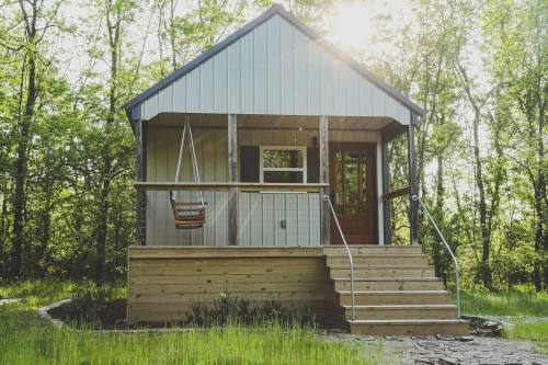 A small, modern cabin with a wooden porch and swing, surrounded by lush greenery and sunlight filtering through trees.