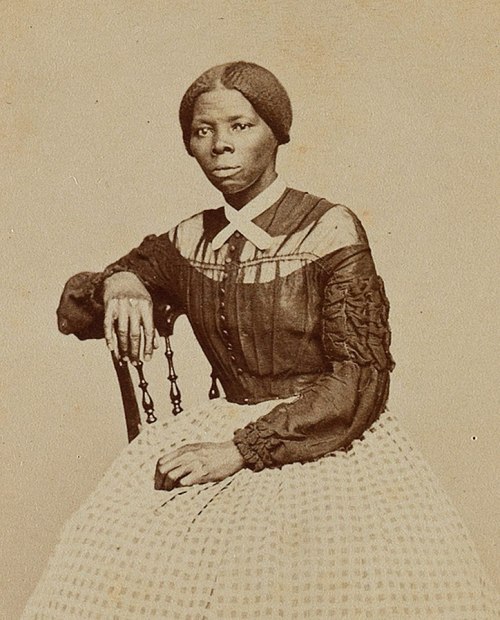 A historical portrait of a woman seated in a chair, wearing a dark dress with a white collar and a patterned skirt.