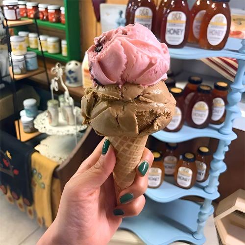 A hand holding a cone with two scoops of ice cream: one pink and one brown, with jars of honey in the background.