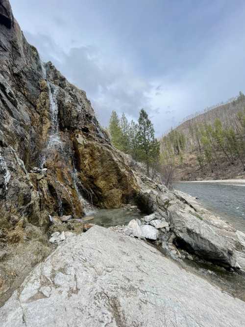 A rocky waterfall cascades down a cliffside, with a river and pine trees in the background under a cloudy sky.