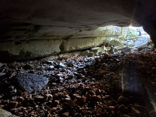A dimly lit cave entrance with rocky ground and a person in the distance, illuminated by natural light.