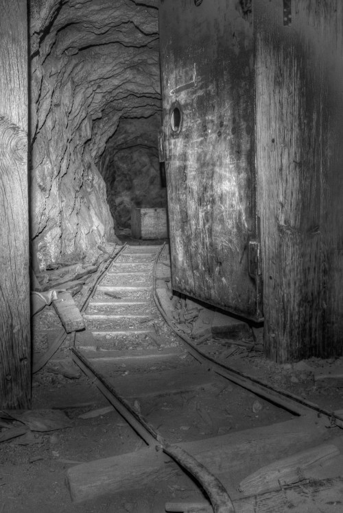 A dimly lit mine tunnel with wooden beams, a set of tracks, and a large metal door partially open.