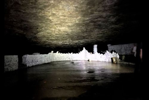 Dimly lit underground space with stone walls and a rocky ceiling, creating an eerie atmosphere.