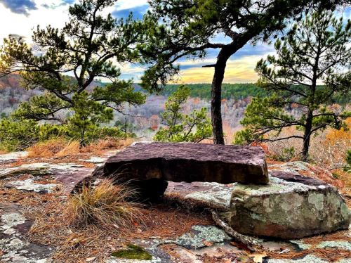 A rocky outcrop with a flat stone table overlooks a colorful forest landscape under a cloudy sky.