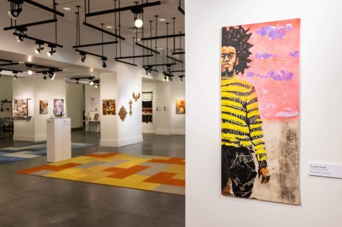 Art gallery interior featuring a colorful painting of a figure in a striped shirt against a pink sky.