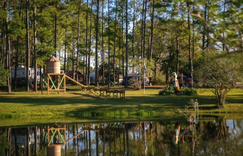 A serene landscape featuring a playground, a pond, and tall trees reflecting in the water.