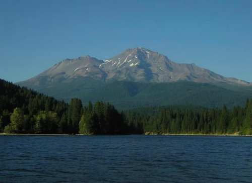 A serene lake in the foreground with a majestic mountain in the background, under a clear blue sky.