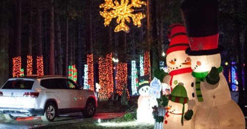 A festive scene with illuminated snowmen and holiday lights in a wooded area, alongside a parked white SUV.