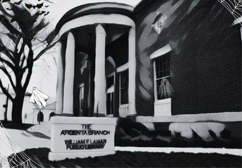 A spooky black-and-white image of the Argenta Branch Library, featuring ghostly decorations and spiderwebs.