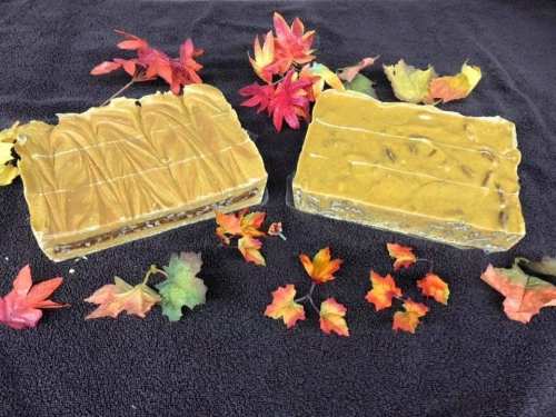 Two bars of handmade soap with autumn leaves scattered around on a dark background.
