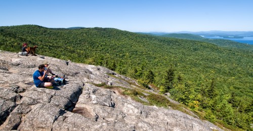 Two people and a dog sit on a rocky outcrop, overlooking a lush green landscape and distant water on a clear day.