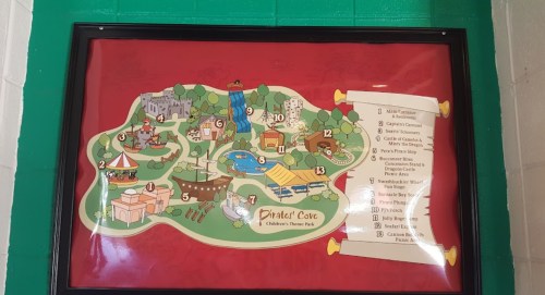 Map of Pirate's Cove Children's Theme Park, showing attractions and layout with numbered points of interest.
