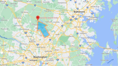 Map showing the location of Sunshine General Store, north of Washington, D.C., near Baltimore, Maryland.