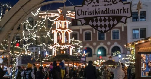 A festive market scene with twinkling lights, a sign reading "Christkindlmarkt," and crowds enjoying the holiday atmosphere.