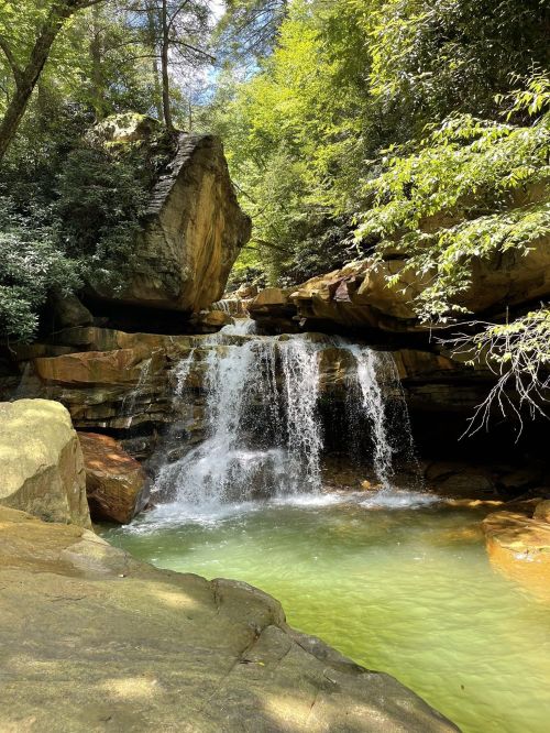 A serene waterfall cascades over rocks into a clear pool, surrounded by lush green trees and sunlight filtering through.
