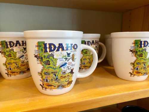 A collection of white mugs featuring a colorful map design of Idaho on a wooden shelf.