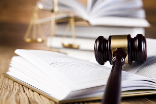A wooden gavel rests on an open law book, with blurred scales of justice in the background.