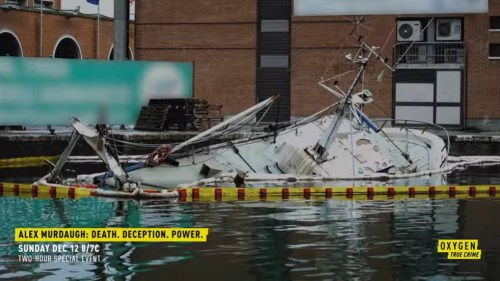 A capsized boat in a body of water, surrounded by debris and a yellow barrier, with promotional text for a true crime event.